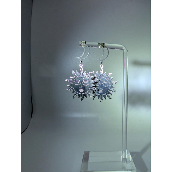 Celestial Sun and Moon Earrings, Stainless Steel Dangle Stud Earrings - Picture 5 of 15